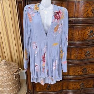 Free People Floral Long Sleeve Top in Light Blue